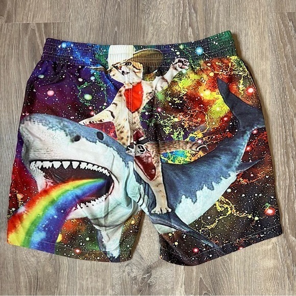 Cowboy Cat Riding Rainbow Shark Double Sided Swim Trunks Elastic Waistband Men M - Picture 7 of 8